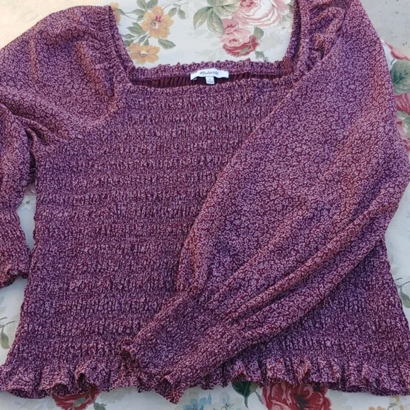 Madewell Smocked Women's Peasant Chiffon Top in Burgundy size Large - Picture 3 of 14